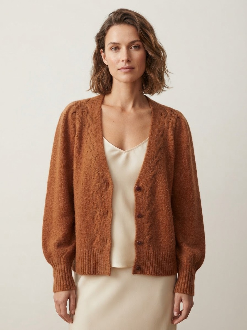 Promod Sz M Wool Blend Rust Orange Knit Feminine Cardigan Sweater
